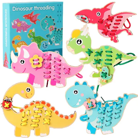 Kids Wooden Dinosaur Threading Board Toy Early Education Fine Motor Skills Training Animal Matching Montessori Puzzle Toy
