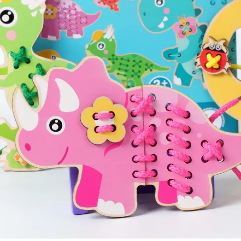 Kids Wooden Dinosaur Threading Board Toy Early Education Fine Motor Skills Training Animal Matching Montessori Puzzle Toy