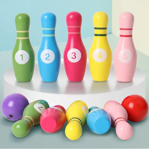 Wooden Kids Bowling Set Educational Sports Toy Colorful Numbered Pins Indoor Interactive Family Game Gift