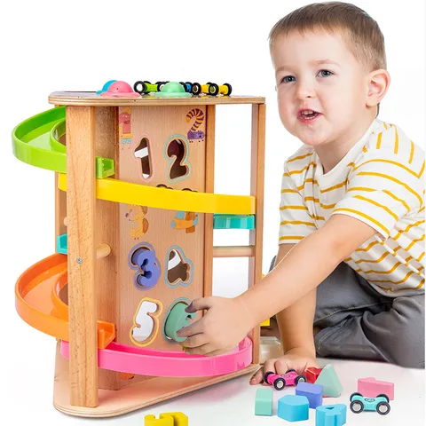 Voiture de Piste Coulissante Rotative Multifonctionnelle en Bois Jouet Éducatif Bébé Jeu d'Apprentissage Précoce de Forme de Balle de Battement