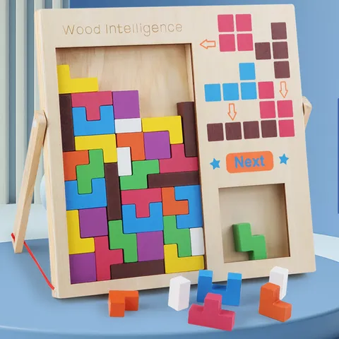 Wooden Tetris Puzzle Game Kids Brain Teaser Building Blocks Educational Tabletop Toy Parent Child Interactive Game