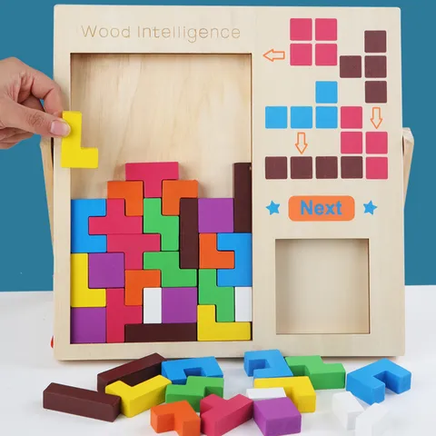 Wooden Tetris Puzzle Game Kids Brain Teaser Building Blocks Educational Tabletop Toy Parent Child Interactive Game