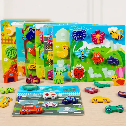 Kinder Holz 3D Puzzle Spielzeug Frühe Bildung Lernen Montessori Velcro Matching Board Cartoon Tier Dinosaurier Fahrzeug Spielzeug Geschenk