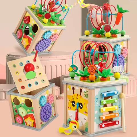 Wooden Multi-Function Educational Bead Maze Activity Cube Shape Sorting Carrot Pulling Toddler Early Learning Toy