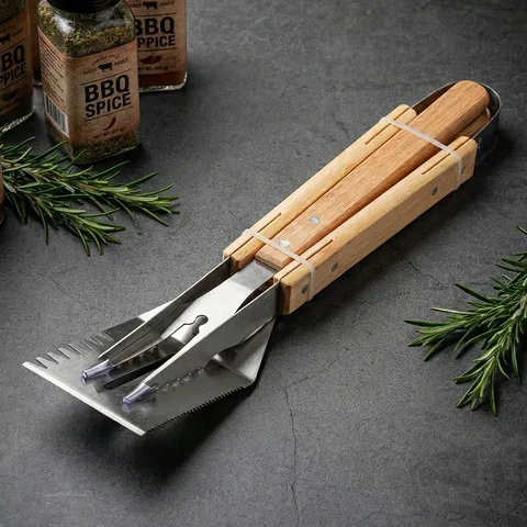 Stainless Steel BBQ Tool Set Wooden Handle Barbecue Grilling Spatula Tongs Fork Outdoor Camping Cooking Kitchen Utensils