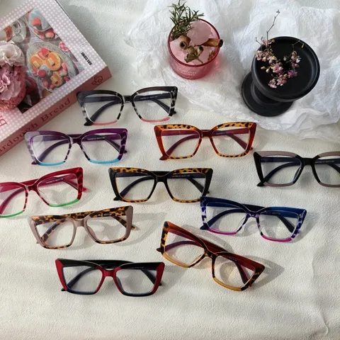 Montura De Gafas De Ojo De Gato Retro De Moda Anti-Luz Azul Para Mujer Hombre Montura Óptica De Bloque De Color De Gran Tamaño