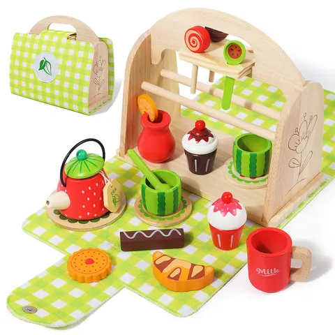 Set di Giocattoli di Simulazione per Dessert di Tè Pomeridiano per Bambini in Legno Scatola di Immagazzinaggio Portatile
