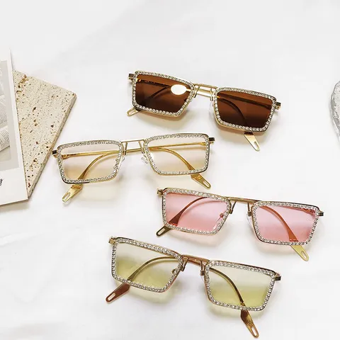 Gafas de Sol Cuadradas Sin Montura Para Mujeres Diamantes de Imitación Gafas de Sol de Moda Vintage Lentes Degradadas UV400