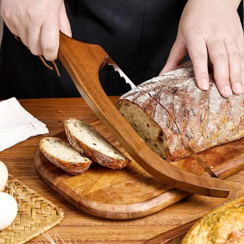 Acacia Wood Bread Slicer Stainless Steel Serrated Bow Knife With Hanging Rope For Baguette Toast Kitchen Baking Tool