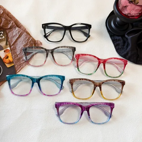 Gafas Anti-Luz Azul Montura Cuadrada Mujer Moda Montura Grande Gafas Ópticas Degradado Dopamina Patrón de Cuadros Gafas Sin Graduación