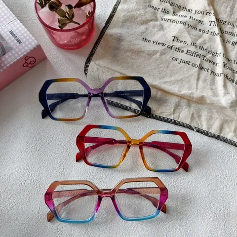 Gafas Anti Luz Azul Degradado Polígono Elegante Tendencia Decorativo Lentes Planas Montura PC Polígono Gafas Para Oficina Diaria Unisex