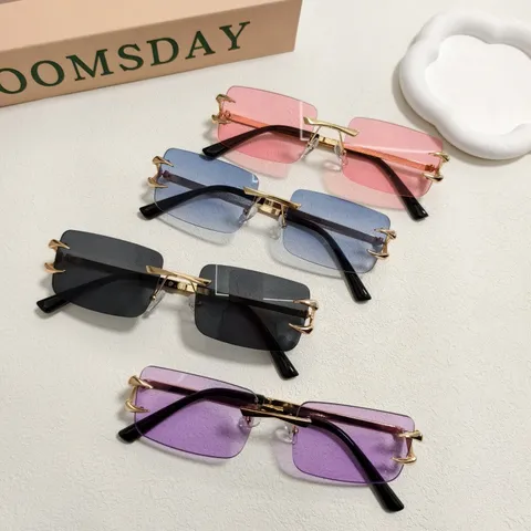 Lunettes de Soleil Carrées en Métal Sans Monture pour Hommes Femmes Mode Bord Coupé Lentille Dégradé Résine Hip Hop Protection Solaire