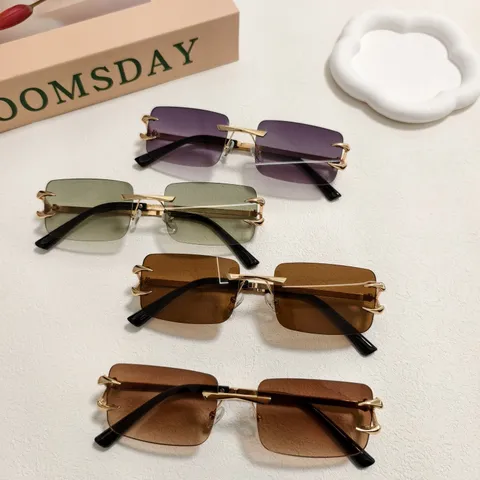 Lunettes de Soleil Carrées en Métal Sans Monture pour Hommes Femmes Mode Bord Coupé Lentille Dégradé Résine Hip Hop Protection Solaire
