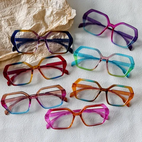 Gafas Anti Luz Azul Degradado Polígono Elegante Tendencia Decorativo Lentes Planas Montura PC Polígono Gafas Para Oficina Diaria Unisex