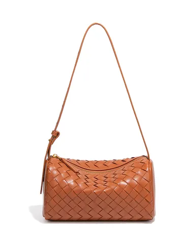 Damen Handgewebte PU Leder Boston Kissen Tasche Casual Pendler Zylindrische Umhängetasche