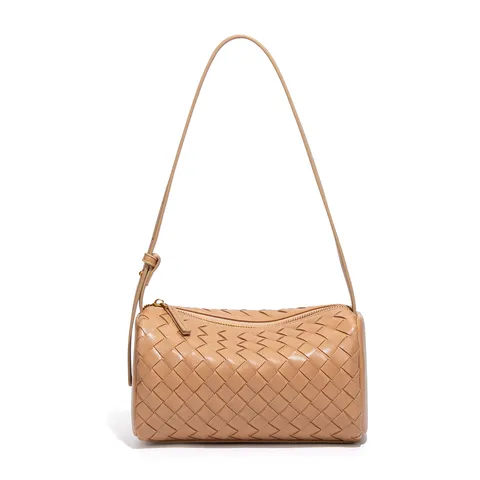 Damen Handgewebte PU Leder Boston Kissen Tasche Casual Pendler Zylindrische Umhängetasche