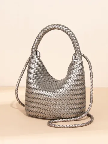 Woven Bucket Bag For Women Large Capacity PU Leather Handbag Casual Tote Shoulder Bag Designer Style Top Handle Bag