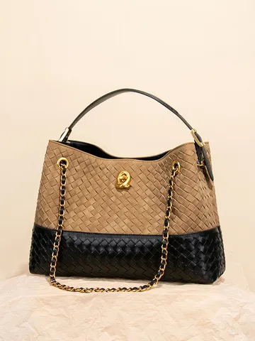 Handgefertigte Gewebte Beuteltasche Für Damen Wildleder PU-Leder Patchwork Schultertasche Vintage Pendler Handtasche Metallkette Schloss
