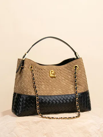 Handgefertigte Gewebte Beuteltasche Für Damen Wildleder PU-Leder Patchwork Schultertasche Vintage Pendler Handtasche Metallkette Schloss