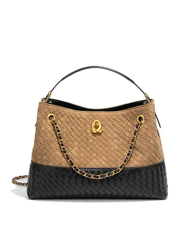 Vintage Gewebte Eimertasche Große Kapazität Wildleder Patchwork Schultertasche Goldkette Commuter Tote Handtasche Damen