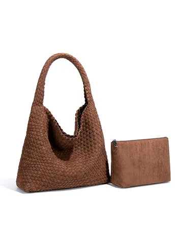 Große Kapazität Handgewebte Wildleder Tote Tasche Minimalistische Schulter Eimertasche Mit Beutel-Set Damen Mode Pendeltasche