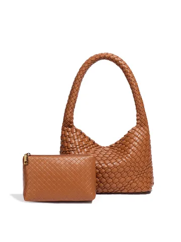 Sac Sous le Bras Tissé à la Main pour Femmes Sac Épaule Similicuir PU Style de Luxe Seau Cabas Set Minimaliste Classique Couleur Unie Hobo Navette Avec Pochette