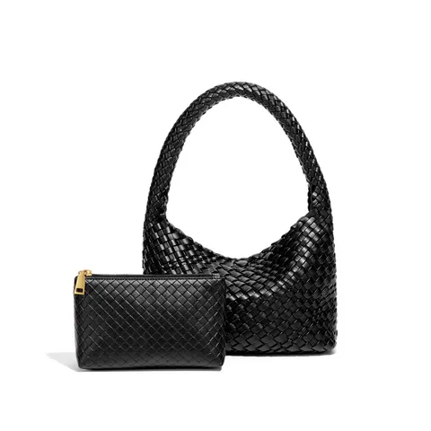Sac Sous le Bras Tissé à la Main pour Femmes Sac Épaule Similicuir PU Style de Luxe Seau Cabas Set Minimaliste Classique Couleur Unie Hobo Navette Avec Pochette