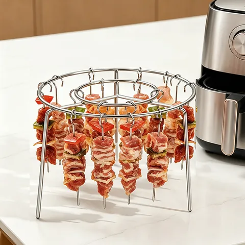 Stainless Steel Vertical Air Fryer BBQ Grill Rack Multi-Layer Hanging Meat Skewer Holder Kitchen Cooking Tool Set