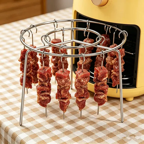 Stainless Steel Vertical Air Fryer BBQ Grill Rack Multi-Layer Hanging Meat Skewer Holder Kitchen Cooking Tool Set