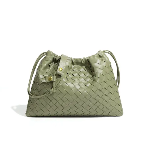 Damen Geflochtene PU Leder Beuteltasche Plissee Kordelzug Schulter Umhängetasche Minimalistisch Lässige Wolke Pendler Handtasche