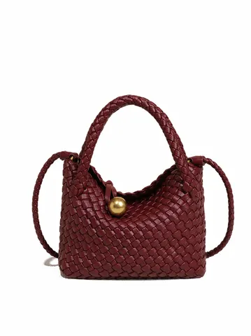 Französischer Retro Handgeflochtene PU-Leder Handtasche Elegante Goldkugel-Dekoration Umhängetasche Schicke Korb Tasche Für Damen Alltägliche Accessoires