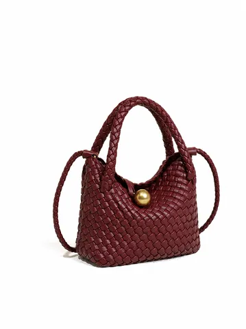 Französischer Retro Handgeflochtene PU-Leder Handtasche Elegante Goldkugel-Dekoration Umhängetasche Schicke Korb Tasche Für Damen Alltägliche Accessoires