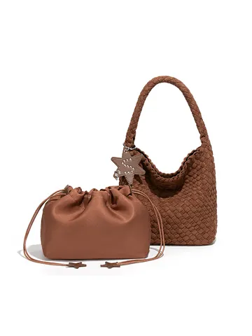 Handgewebte PU-Schultertasche Mit Wildlederoptik Für Damen Retro Hobo-Tasche Mit Großem Fassungsvermögen Und Kordelzug-Untertasche