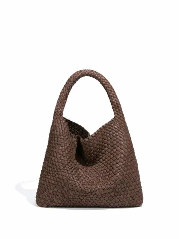 Πλεκτή στο Χέρι Τσάντα Tote από Δέρμα PU Casual Τσάντα Ώμου Μεγάλης Χωρητικότητας Με Εσωτερικό Πουγκί Κομψή Μαλακή Τσάντα Κουβά Hobo για Γυναίκες