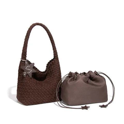 Handgewebte PU-Schultertasche Mit Wildlederoptik Für Damen Retro Hobo-Tasche Mit Großem Fassungsvermögen Und Kordelzug-Untertasche