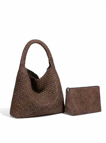 Πλεκτή στο Χέρι Τσάντα Tote από Δέρμα PU Casual Τσάντα Ώμου Μεγάλης Χωρητικότητας Με Εσωτερικό Πουγκί Κομψή Μαλακή Τσάντα Κουβά Hobo για Γυναίκες