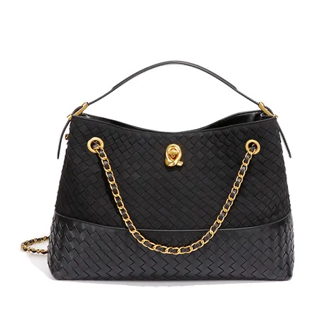 Vintage Gewebte Eimertasche Große Kapazität Wildleder Patchwork Schultertasche Goldkette Commuter Tote Handtasche Damen