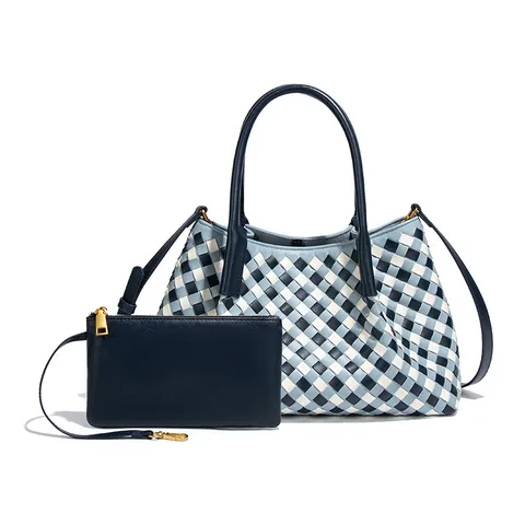 Damen Gewebte PU Leder Tote Bag Große Kapazität Gittermuster 2-in-1 Handtasche Umhängetasche Trendige Pendler Shopper Tasche