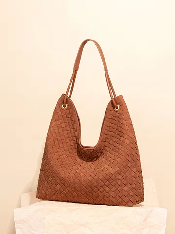 Vintage Wildleder Gewebt Große Kapazität Tragetasche Für Damen Mode Lässige Pendler Umhängetasche Einfarbig Elegante Beuteltasche