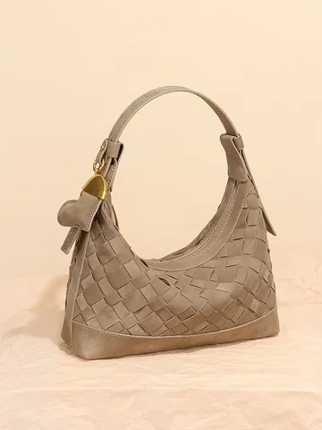 Damen Gewebte Wildleder Schultertasche Achseltasche Halbmond Hobo Tasche Vintage Knödel Handtasche Mit Reißverschluss Herz-Anhänger Mode