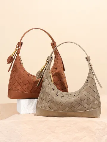 Damen Gewebte Wildleder Schultertasche Achseltasche Halbmond Hobo Tasche Vintage Knödel Handtasche Mit Reißverschluss Herz-Anhänger Mode