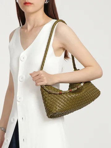 Damen Handgewebt Hobo Schultertasche PU Leder Knödel Unterarmtasche Retro Gewebt Casual Mode Tote Handtasche Mit Kleiner Tasche