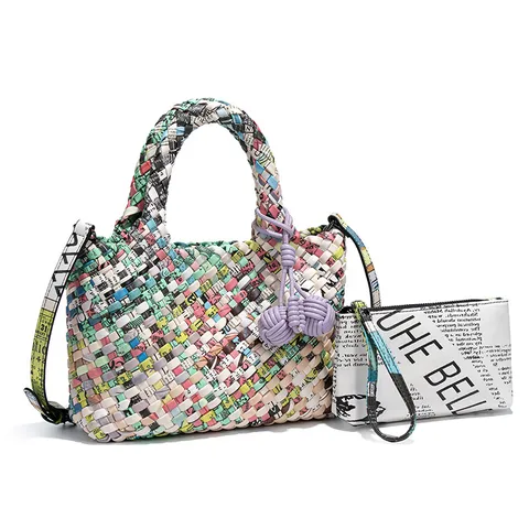 Women Niche Design Colorful Newspaper Poster Print PU Woven Handbag With Pouch Fashion Shoulder Crossbody Tote Bag For Daily Travel