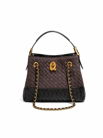 Retro Gewebt Eimertasche Für Frauen Metallkette Riemen Schulter Umhängetasche Handgewebt Medium Tote Bag Lässig Kordelzug Pendeln Tasche