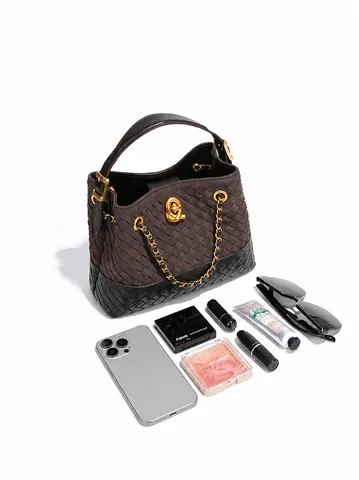 Retro Gewebt Eimertasche Für Frauen Metallkette Riemen Schulter Umhängetasche Handgewebt Medium Tote Bag Lässig Kordelzug Pendeln Tasche