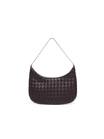 Damen Gewebte PU Leder Hobo Tasche Nische Design Geflochtene Achseltasche Mit Metallkette Halbmond Umhängetasche Handtasche