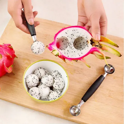 Stainless Steel Melon Baller Double Head Fruit Carving Scoop Ice Cream Spoon Kitchen Gadget Fruit Platter Tool