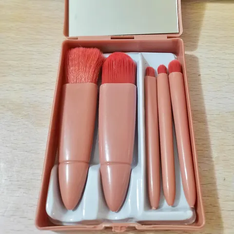 Draagbare Reismake-upkwastenset Met Spiegel Roze Kunststof Etui Zachte Synthetische Gezicht Poeder Blush En Oogschaduw Kwasten