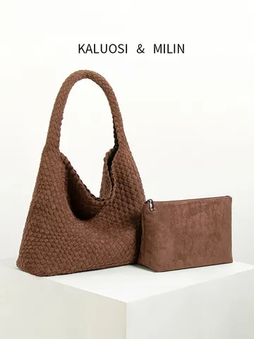 Retro Wildleder Gewebt Tragetasche Für Damen Große Kapazität Business Pendeln Unterarm Schultertasche Mode Lässige Hobo Handtasche
