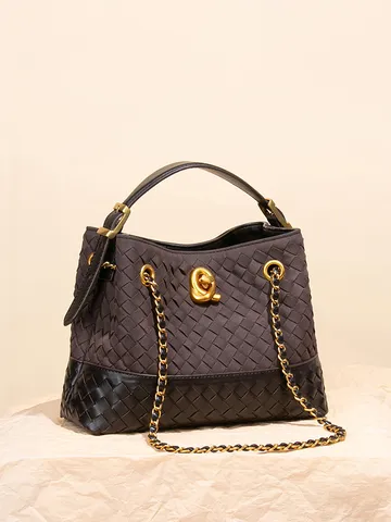 Retro Gewebte Kontrast Wildleder Tote Bag Für Damen 2025 Neue Mode Eimertasche Metallkette Crossbody Schultertasche Handtasche